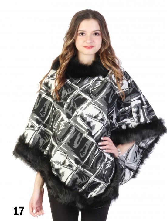 Black & White Abstract Plaid Poncho W/ Fur Collar & Edge